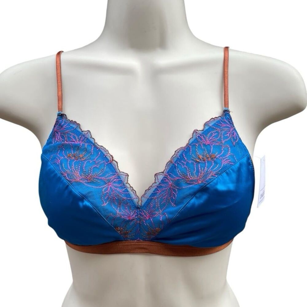 Auden Unlined Bralette Size S Blue Brown Embroidered Soft Cups NWT Lightweight